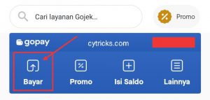 Klik Bayar Pada Halaman Utama Aplikasi Gojek (GoPay)